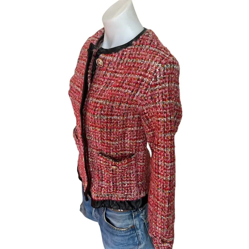 English Factory Pink Tweed Blazer LARGE Boxy Boucle Faux Leather Clueless $210 - Picture 6 of 10